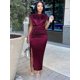 thumbnail image 2 of Women Dress Pleated Long Wine Red Elegant Slit High Collar Slim Fit Sleeveless Maxi Outfits Plus Size Evening Party Shiny Gowns, 2 of 5