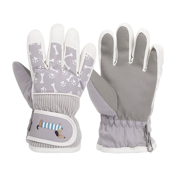 Splozh Kids Gloves Winter Waterproof Childrens Winter Gloves Cute Print Gloves for Boys Girls Thick Velvet Warmth Ski Gloves Grey,One Size