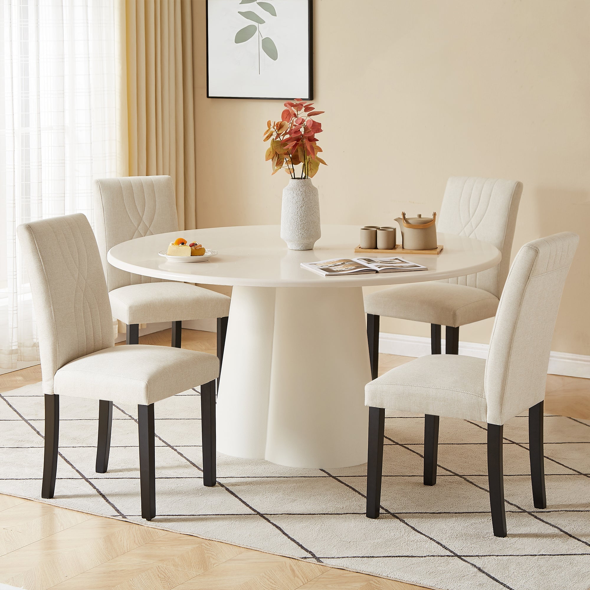 VECELO Upholstered Dining Chairs, Modern Fabric High Back Chair with Wood Legs for Kitchen, Living Room, Set of 4, Beige