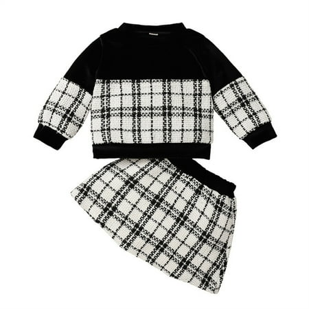 

BSDHBS Baby Girl Spring Outfits Baby Girls Long Sleeve Patchwork Sweatshirt Tops Plaid Skirt 2PCS Outfits Set