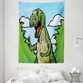 thumbnail image 1 of Dinosaur Tapestry, Cartoon T-Rex with Funny Face Giving Thumps Up Clouds Trees Sky, Wall Hanging for Bedroom Living Room Dorm Decor, 60W X 80L Inches, Green Dark Green Light Blue, by Ambesonne, 1 of 2