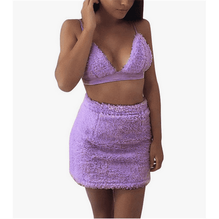 

TFFR 2Pcs Women s Plush Dress Set Strappy Bodycon Crop Top Mini Skirts Set Solid Color Sexy Lingerie Backless Suits Clubwear