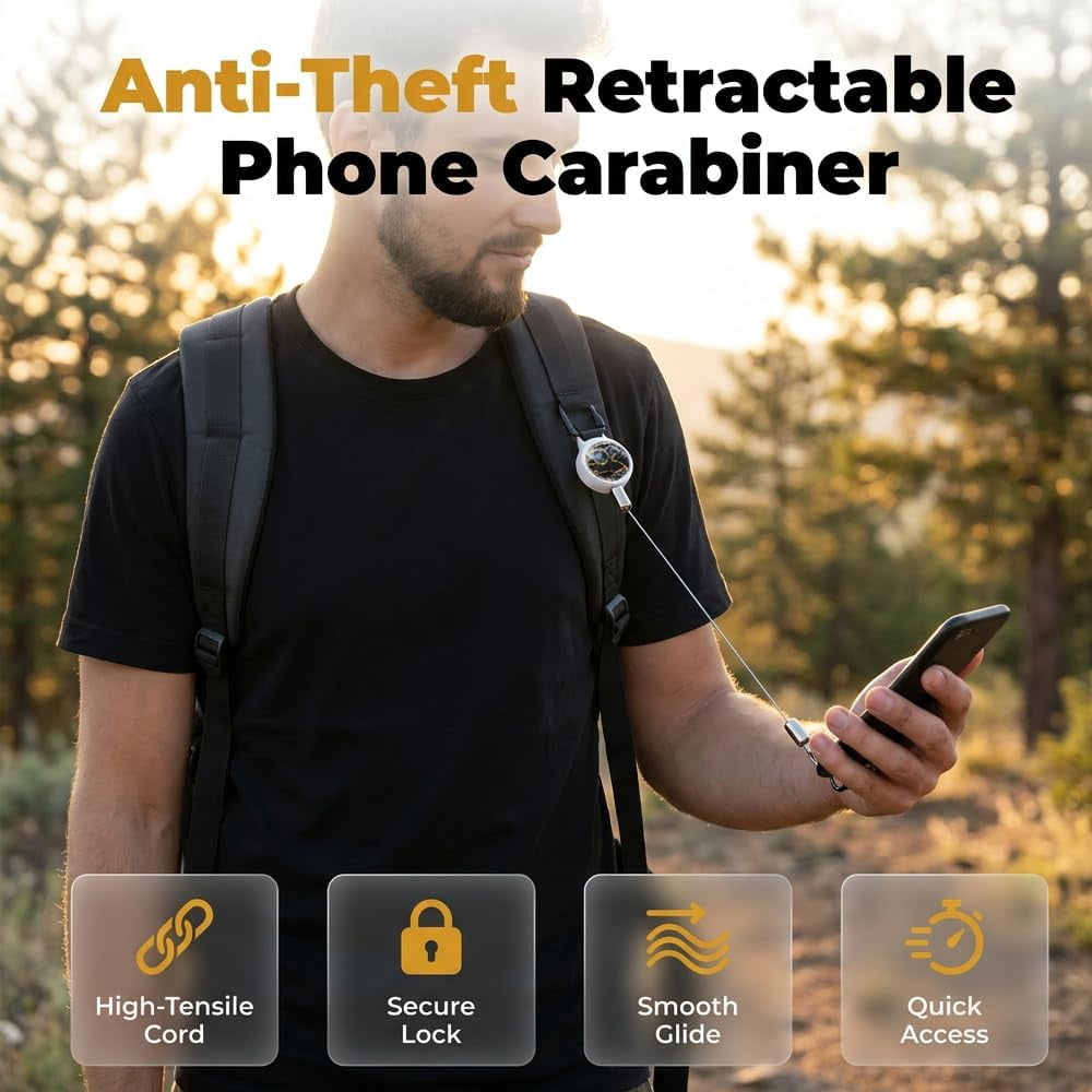 Retractable Phone Lanyard - Anti-Theft Tether with 360° Swivel Carabiner for Hiking Skiing Cycling