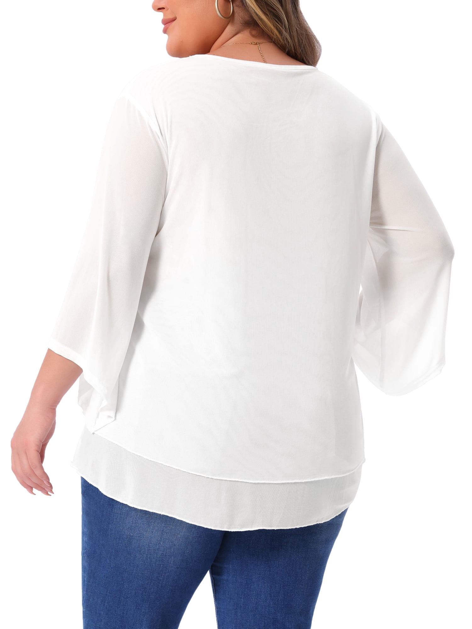 Women's Plus Shirt 3/4 Sleeve Scoop Neck Double Layers Blouse Top 3X White