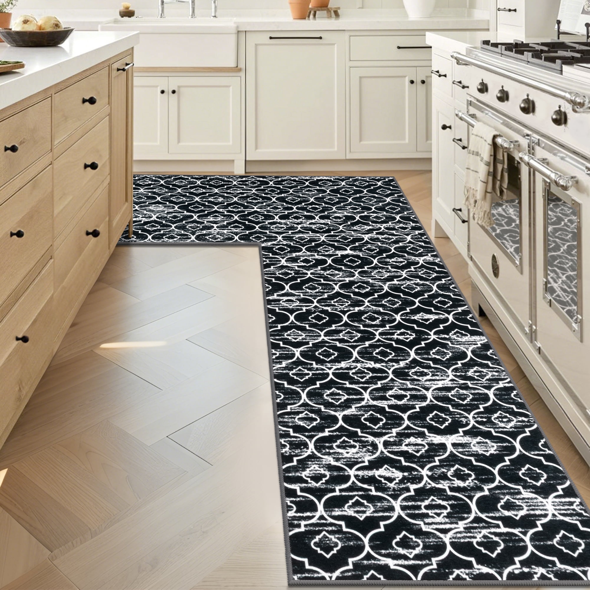 MeyJey Corner Kitchen Rug, 1 Piece Anti-Slip L Shape Kitchen Mat for Floor, Absorbent Runner in Front of Sink, Washable Floor Rugs for Home,Kitchen(Black-L,24”x 71”x 71”)