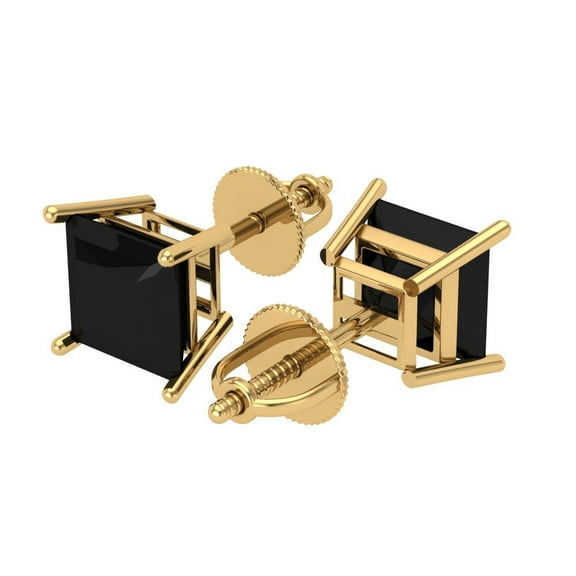 4 Ct Princess Cut Studs Black Natural Onyx 18K Yellow Solid Solid Gold Everyday Dainty Earrings Screw Back