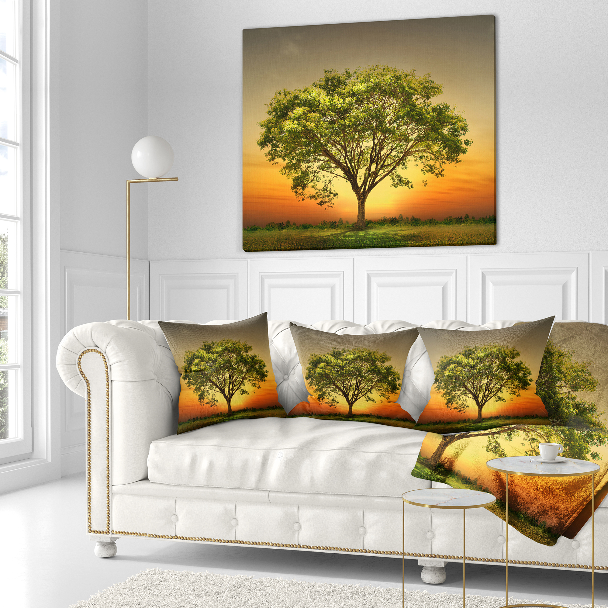 Designart Green Tree against Setting Sun - Trees Throw Pillow - 16x16