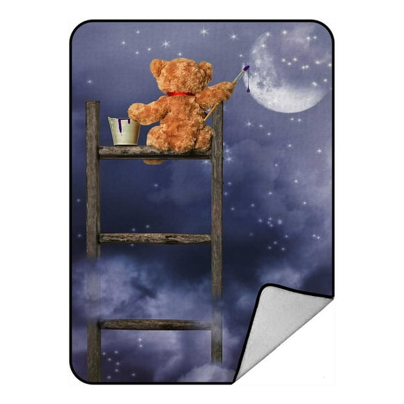 YUSDECOR Teddy Bear Sitting On Ladder Painting Night Sky Blanket Crystal Velvet Throw Bed Blanket 58x80 inches