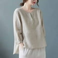 thumbnail image 2 of Mittory Summer Tops for Women Dressy Casual Linen Embroidery Blouse Crew Neck Tunic Elbow Sleeve Shirts, 2 of 4