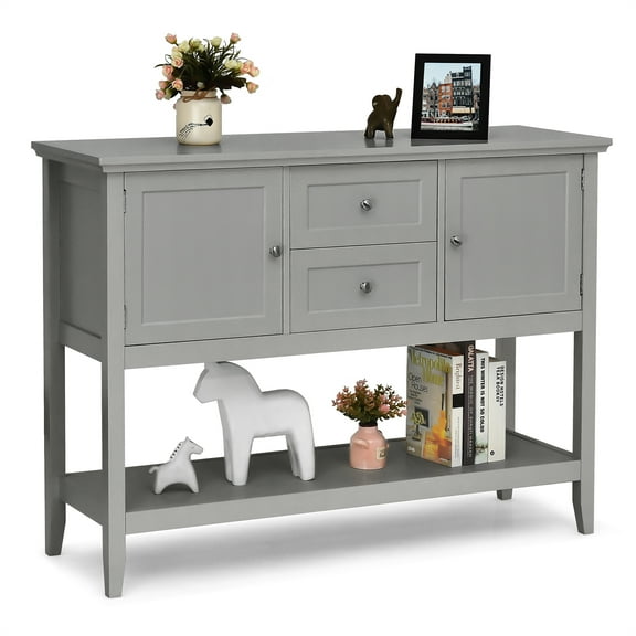 Patiojoy Buffet Cabinet Sideboard Wooden Console Table with 2 Storage Drawers & 2 Cabinets & Bottom Shelf Gray