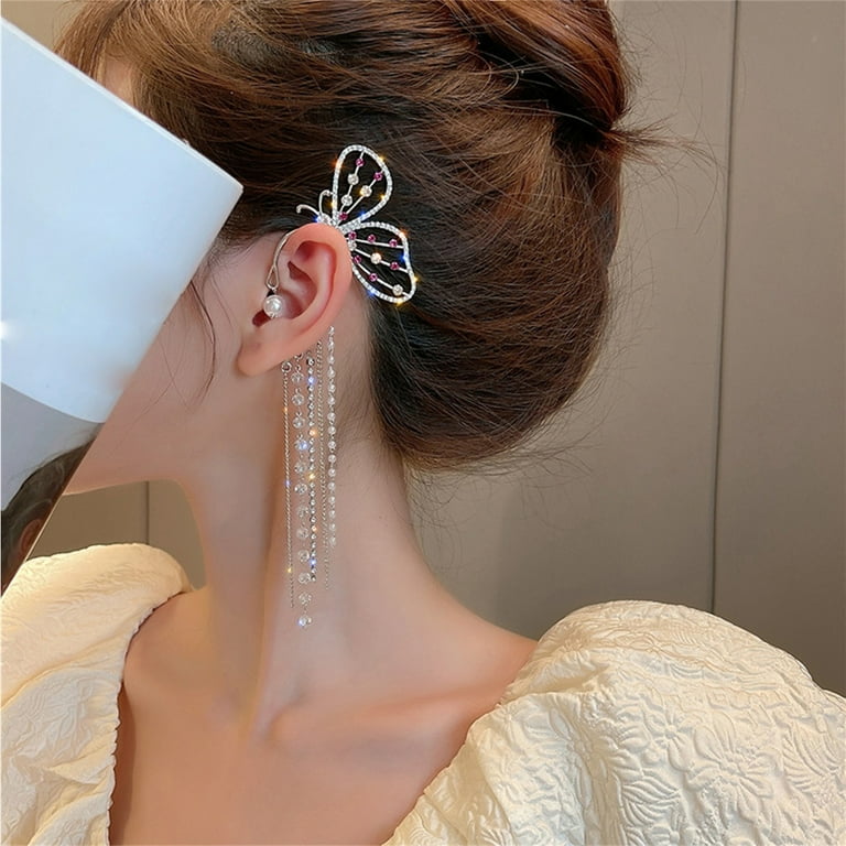 Heiheiup Big Butterflies Earring Long Chain Tassel Cilp On Ear No Piercing  Exaggerated Statement Flat Back Earrings 