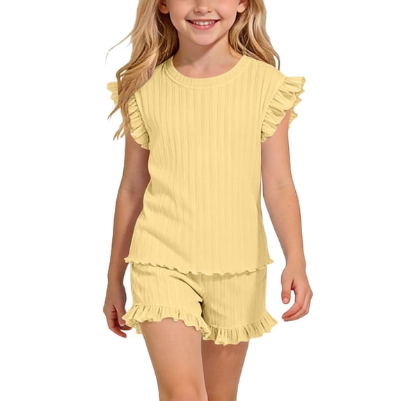 Amidoa Girls 2 Piece Outfits Summer Clothes Solid Color Tank Top Cute T-Shirt and Casual Shorts Kids Clothing Sets Yellow Size 9