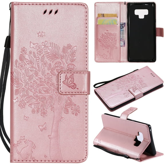 Galaxy Note 9 Wallet Case, Allytech Samsung Note 9 Edge [Embossed Cat & Tree] PU Leather Full Body Protective Case Folio Flip Stand Cover with Card Holder for Samsung Galaxy Note 9, Rose Gold