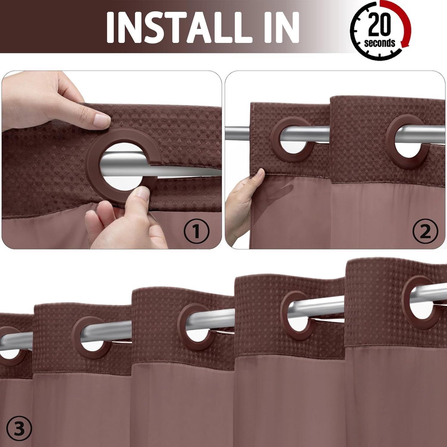 DawnJoanHD Waffle Weave No Hook Shower Curtain with Snap-in Liner, Brown Polyester Fabric with See-Through Top Window, 72" x 75"