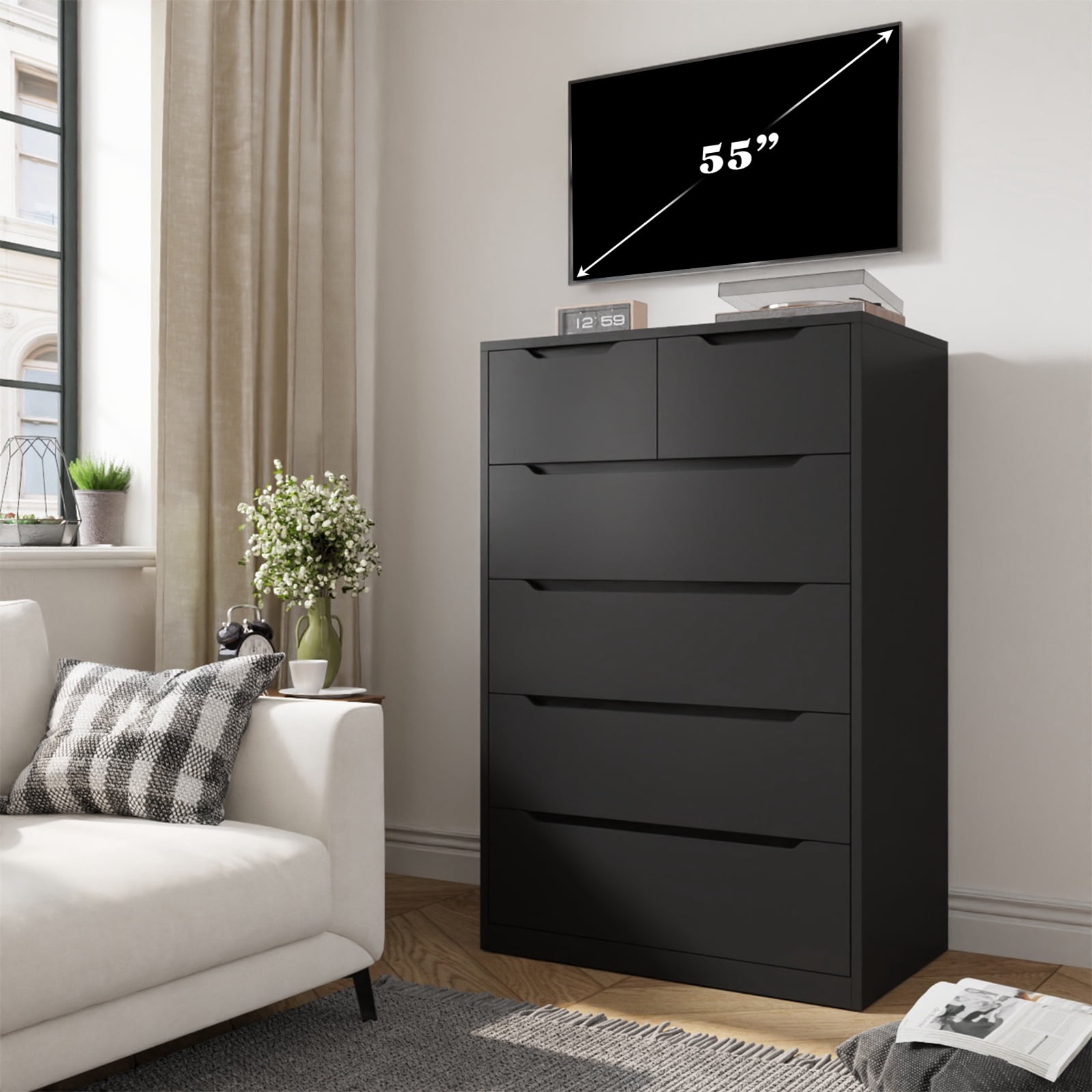 EnHomee Set of 2 Black Tall Dresser Wood 6 Drawer Dressers for Bedroom Wood Chest of Drawers with Smooth Metal Rail Large Dresser Modern Storage Cabinet for Home Office Living Room