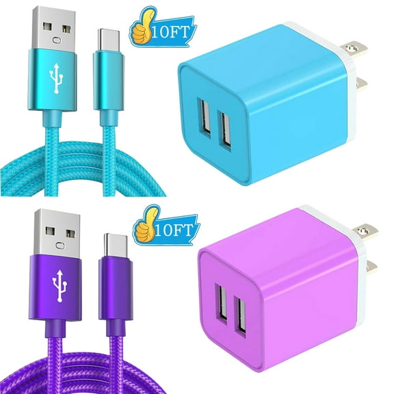 2Pack Charger Block,Type C Charger Fast Charging Cable 10 Feet AlmosTen High Speed Android Phone Charger Block Plug Adapter 2.4A Dual Port USB Wall Charger Block with(Type C Charger 10ft)