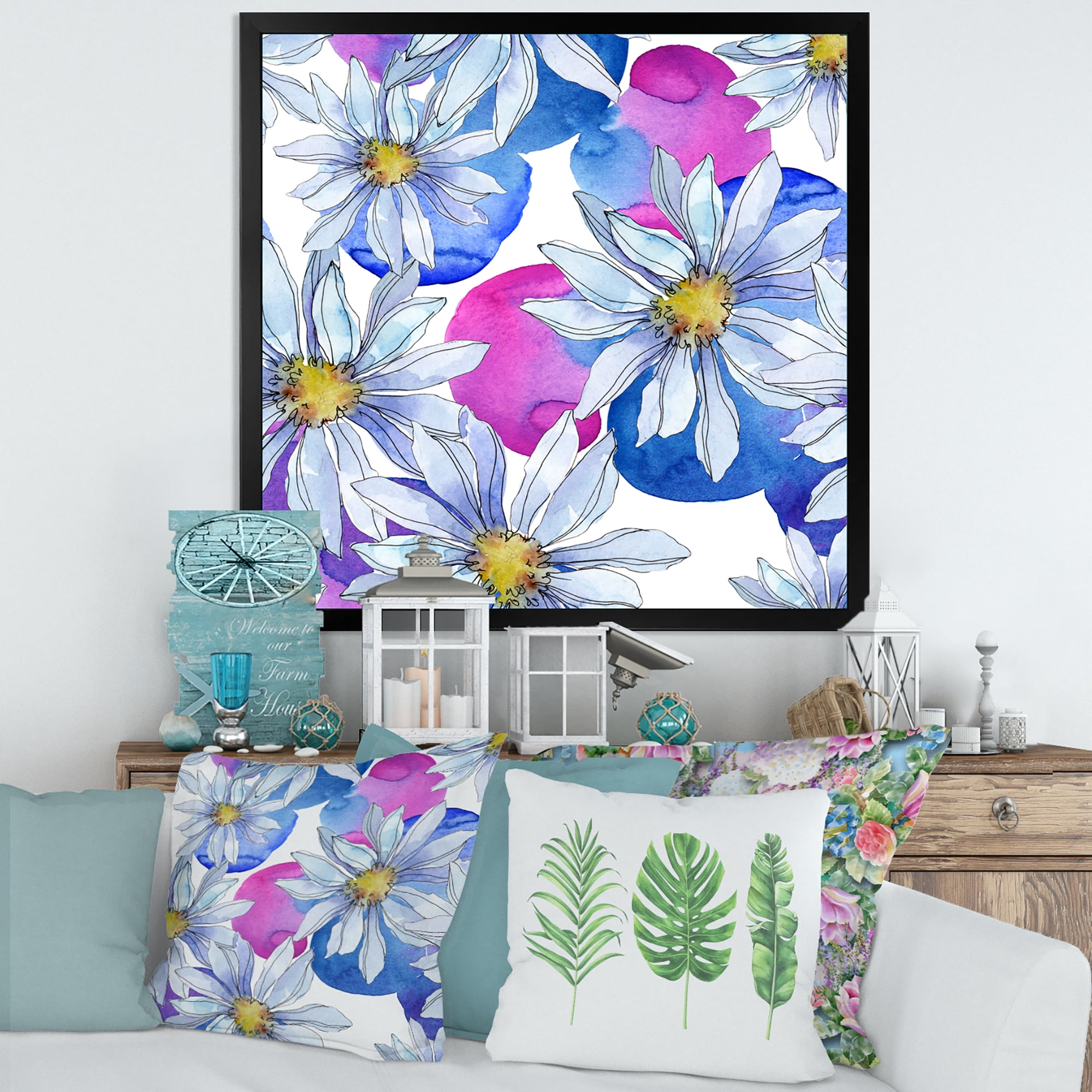 Designart 'Daisies On Red and Blue Backgorund' Traditional Framed Art Print