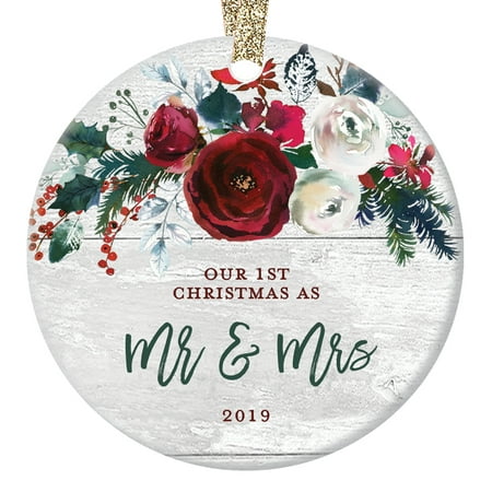 Modern Farmhouse Mr & Mrs Ornament 2019, 1st Christmas Married, First Gift for Newlywed Couple Bride Groom Rustic Present Ceramic Present 3