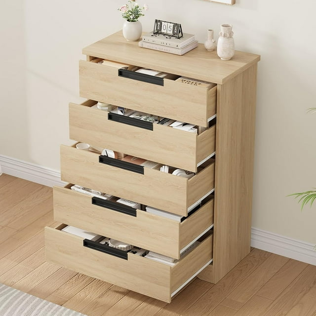 Commode en Bois à 5 Tiroirs, Haute Commode Organisateur de Rangement pour Garde-Robe, Couloir et Entrée