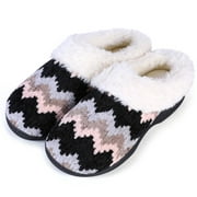 Roxoni Womens Cozy Memory Foam Slippers, Fuzzy Warm Faux Fur Lined, Indoor Outdoor Rubber Sole Black