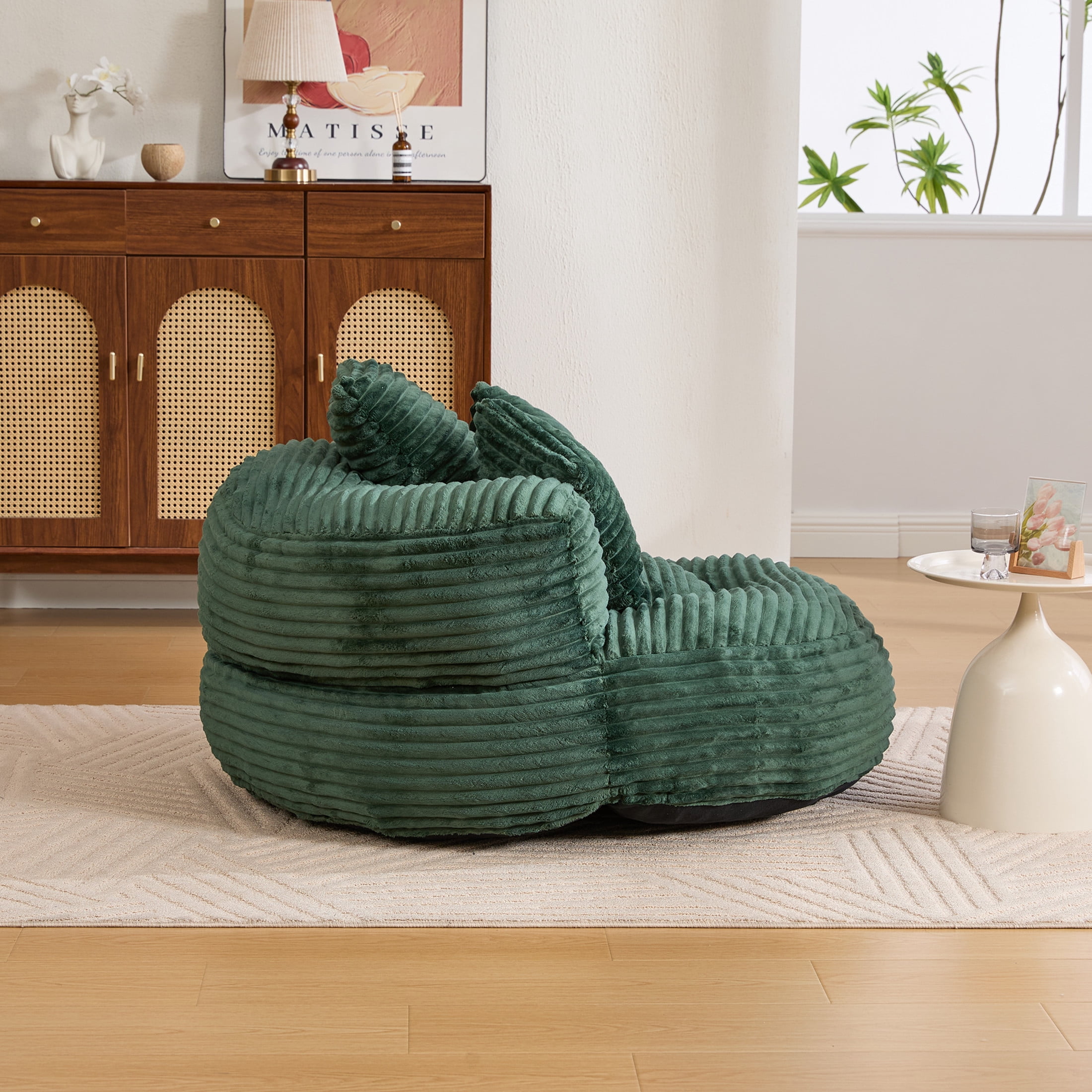 Noble House Corduroy Bean Bag Chair with Memory Foam, Armrests and 3 Pillows, Emerald