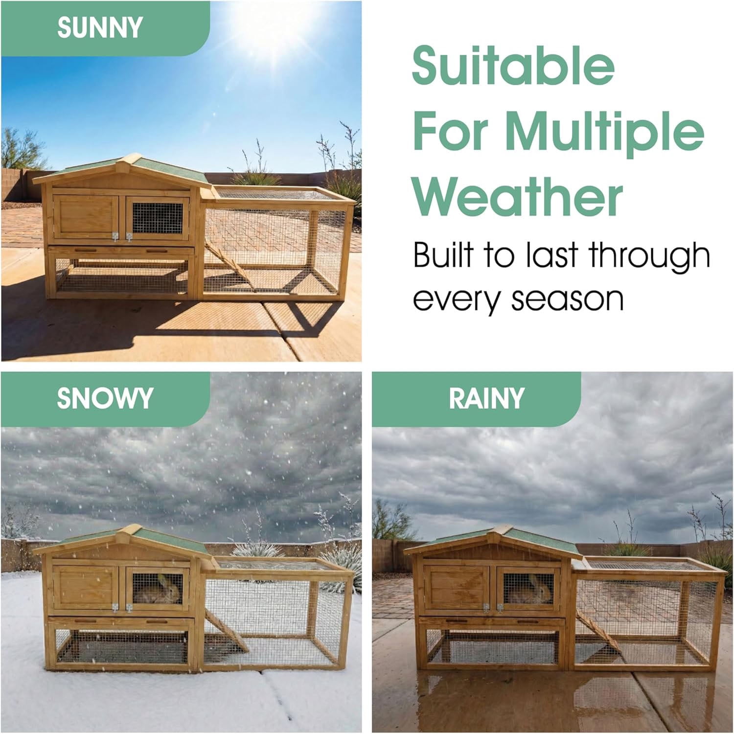 Gaderth Rabbit Hutch, 60in 2-Story Wooden Stable Bunny Cage Indoor/Outdoor with Removable Wire Netting and Weatherproof Leak Proof Tray Anti-Chew Metal Frame Ramp for Small Animals