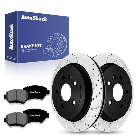 AutoShack 12.4" (315 mm) Rear Vented Drilled & Slotted Brake Rotors E-Coated   Premium Ceramic Brake Pads | Replacement for 2010-2015 Chevrolet Camaro | 6-PC Brake Kit | ShadowGuard