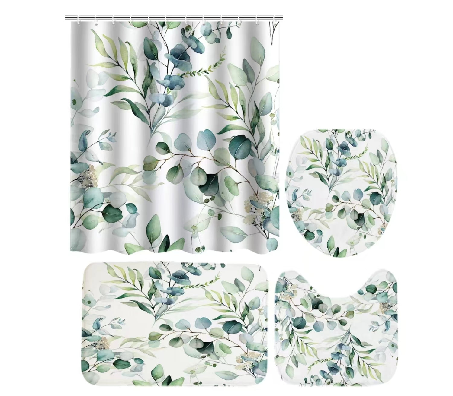 Watercolor Green Eucalyptus Shower Curtain and Bath Rug Set 4 Pcs Fabric Floral Bathroom Curtain Set Decor 72x72 inches