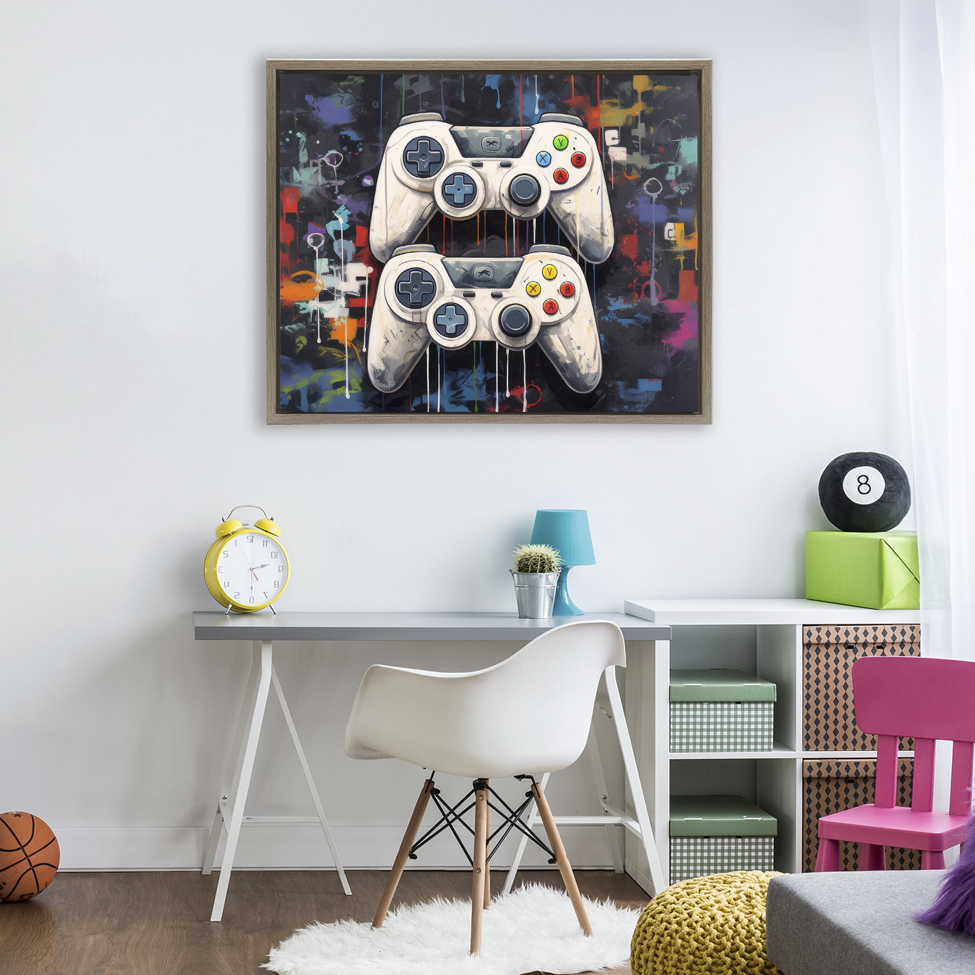 Stupell Industries Joystick Journeys with Paint Splatter Brown Framed Floater Canvas Wall Art, design by Lazar Studio
