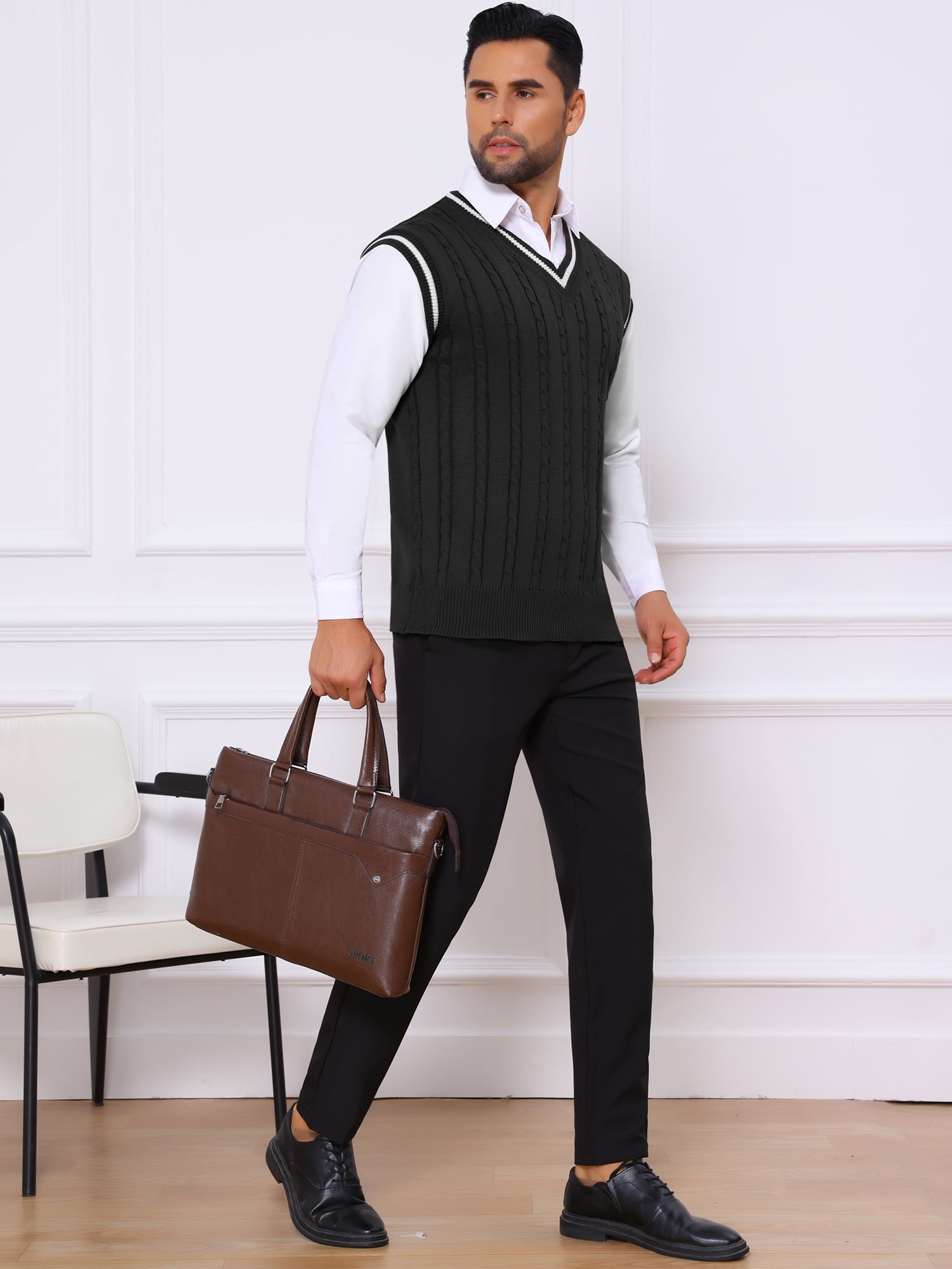 DARING DIVA Men's Solid Color V-Neck Sleeveless Cable Knitted Sweater Vest M Black