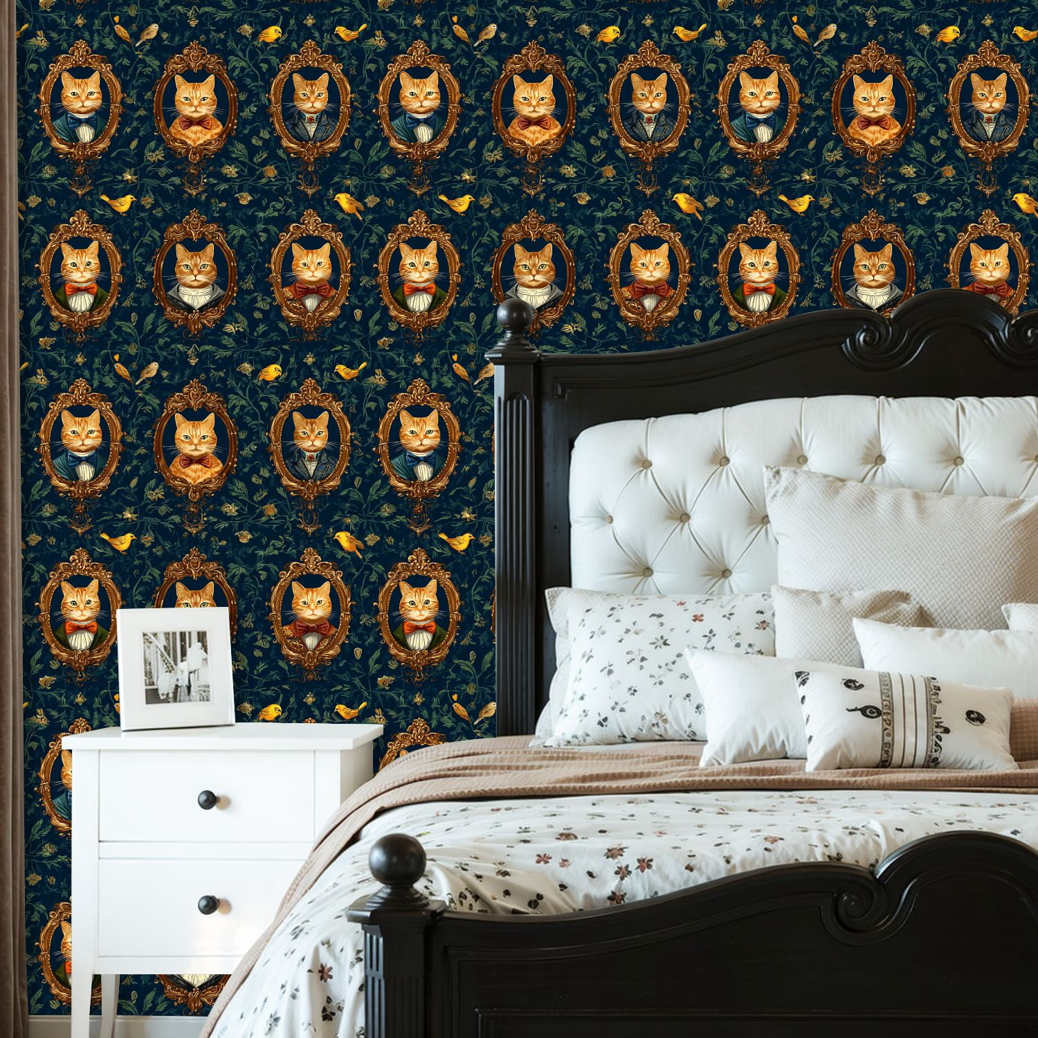 Peel and Stick Wallpaper Baroque Vintage Cat Portraits Floral Frames Bow Ties Wall Mural 23.6in x 9.8ft Self Adhesive Removable Wall Paper Renter Friendly Wallpaper for Nursery Bedroom Cabinets