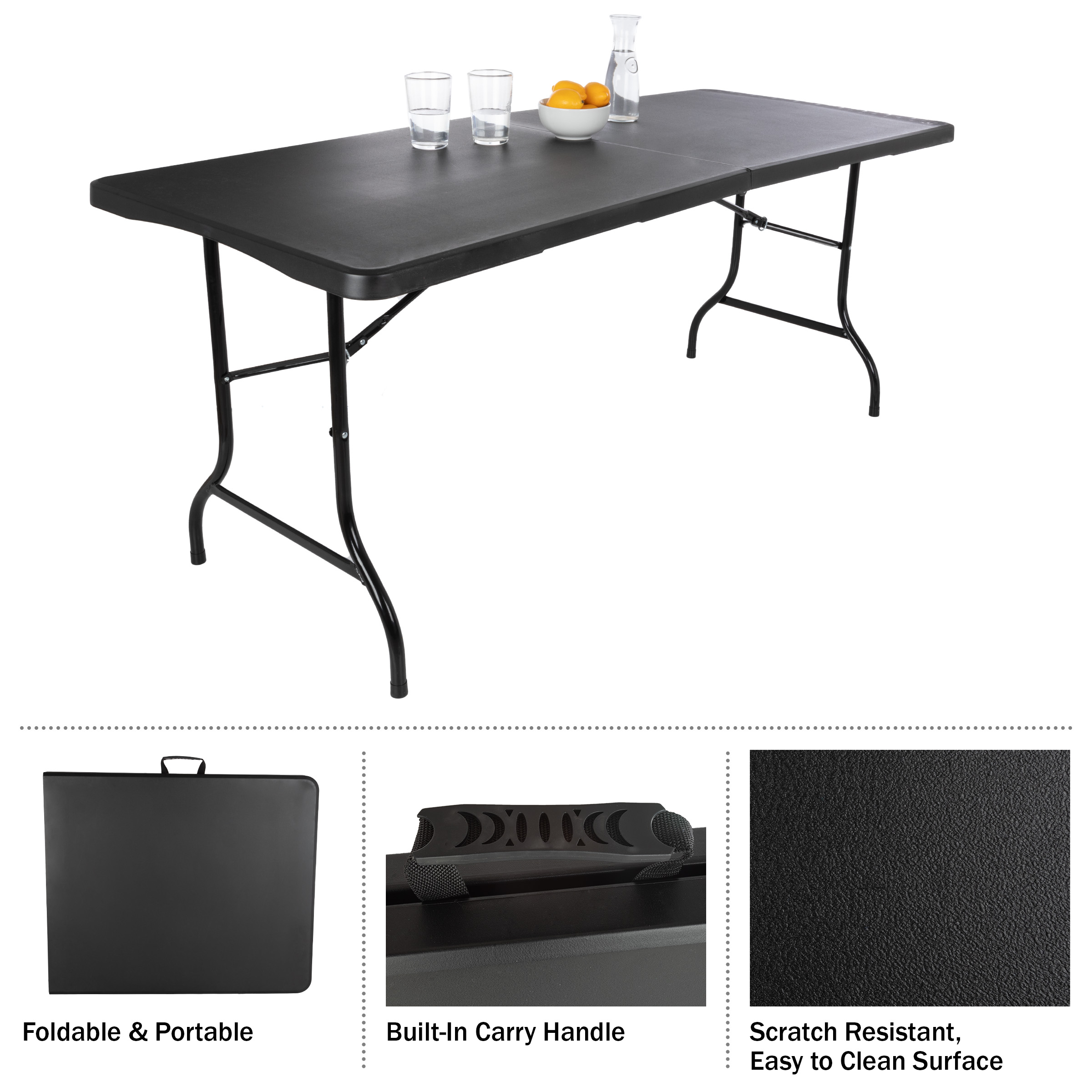 Everyday Home Set of 2, 6-foot-Long Folding Tables for Parties, Dining, and More, Black