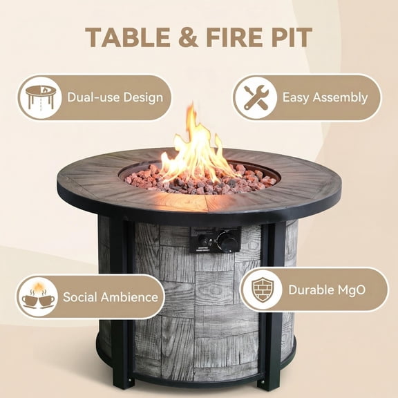 50000 BTU Gas Fire Table Round Fire Pit with Lava Stone & Cover