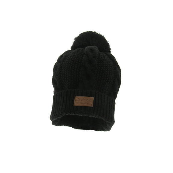 Cable Pom Pom Cuffed Beanie Unisex Black Knit Cuffed Winter Hat Cap by Back 40