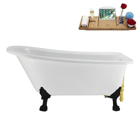 58" Streamline N4860BL-GLD Soaking Clawfoot Tub and Tray With External Drain in Polished Gold and Matte Black Clawfeet