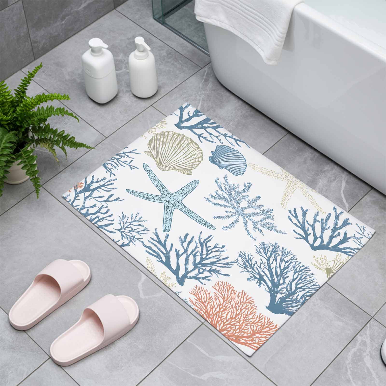 Coral Coastal Indoor Door Mat - 16"x24", Non-Slip Welcome Mat for Outdoor, Summer Beach Starfish Nautical Shell Front Doormat for Entry, Low-Profile Doormat Entrance Rug for Kitchen/Bathroom