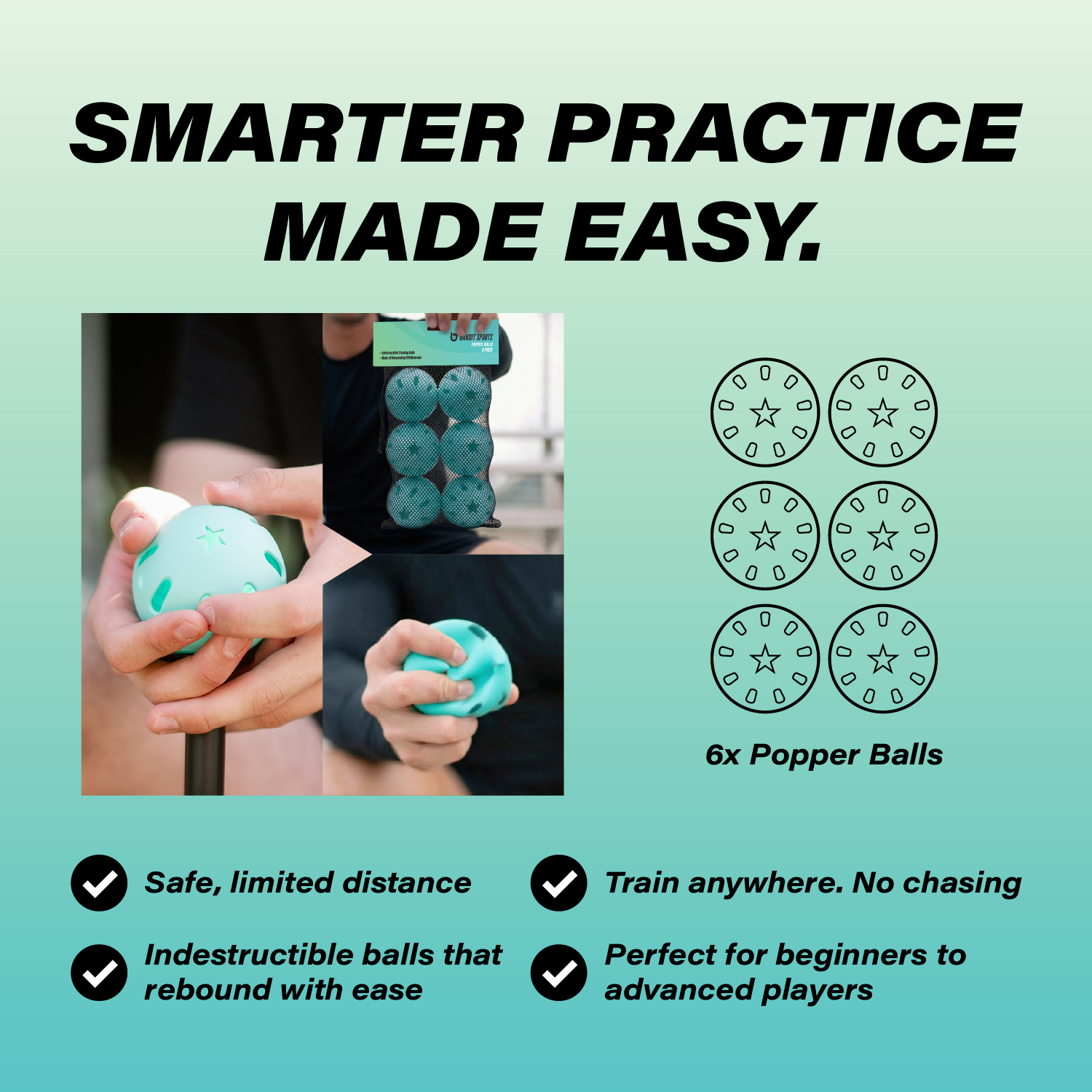 Bandit Sports Popper Balls for Baseball & Softball, 6-Pack Reaction Training Balls, Durable Rubber Balls for Hand-Eye Coordination, Fielding, Reflex & Agility Training
