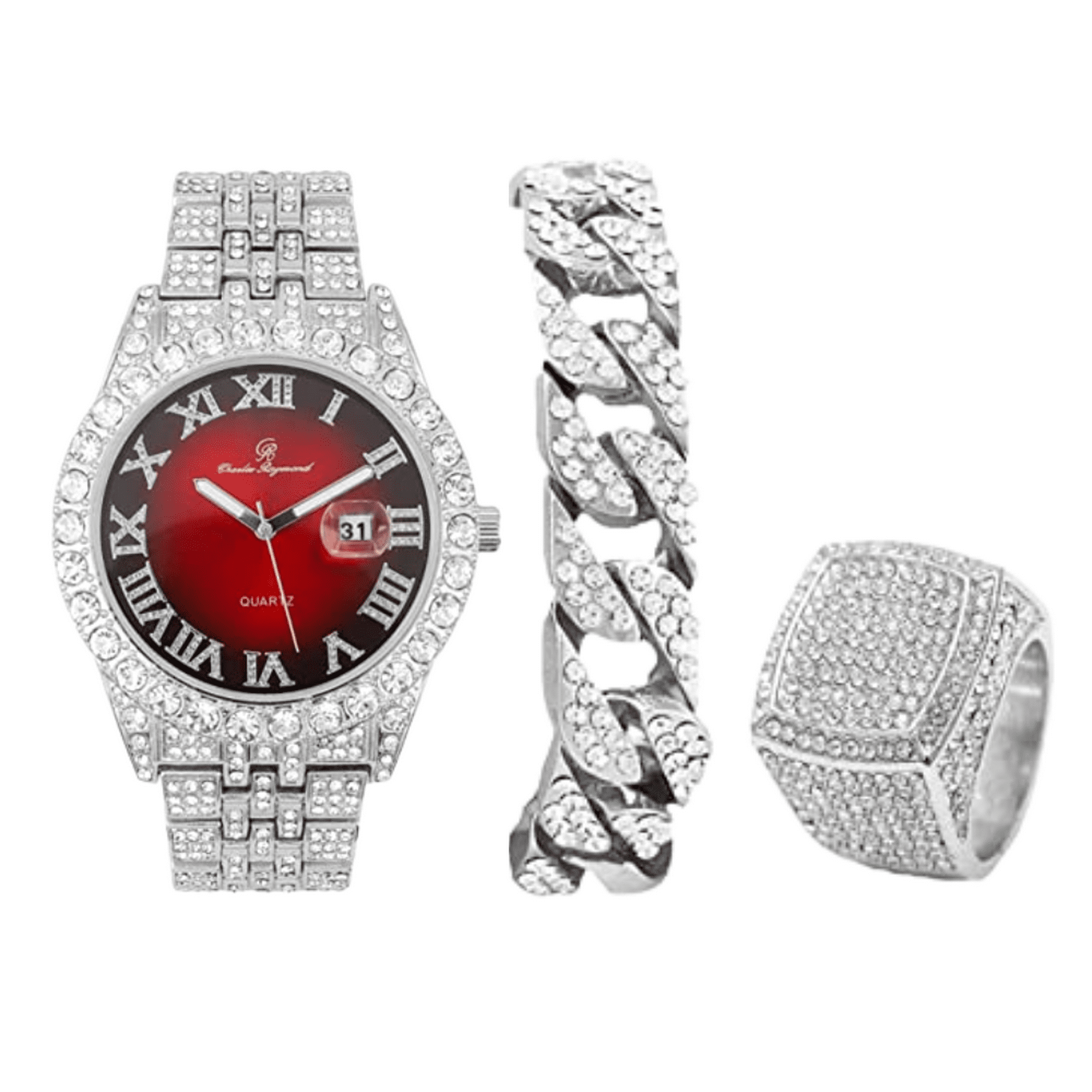 Charles Raymond Fully Iced Out Crystal Diamond Mens Watch w/Easy Read Date and w/Roman Numerals - Combo with Designer Hip Hop Blinged Out Bracelet and Ring- ST10226RND Silver RED,9