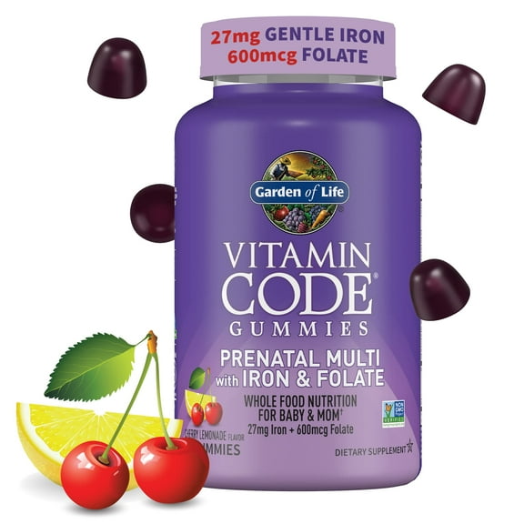 Garden of Life Prenatal Gummy Vitamins for Women with Iron:Folate,Biotin,D3&B12 Probiotics for Digestion,Vitamin Code Multivitamin,Non-GMO,Gluten-Free,90 Cherry Lemonade Gummies, 30 Day Supply