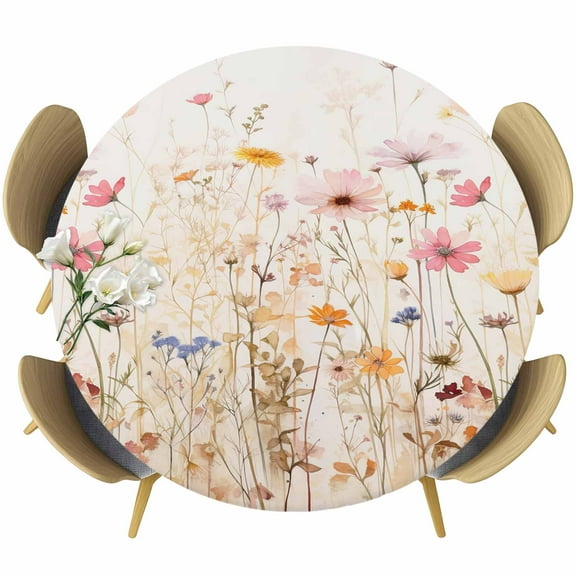 Spring Floral Fitted Tablecloth with Elastic Edged, Round Table Cloth for Dining Table, Pastoral Botanical Summer Flowers Vintage Waterproof Oil Proof Table Cover for Indoor Outdoor 45"-54"