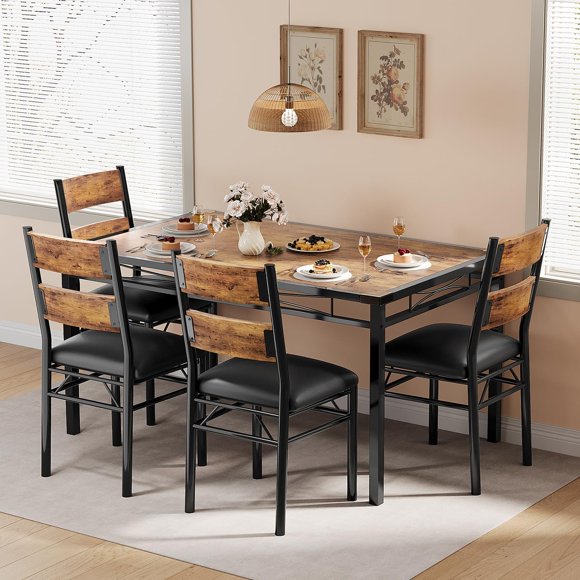 Ourlova 4-Piece Dining Table Set, Upholstered Chairs, Wood Kitchen Table, Set of 4 with Corner Protector