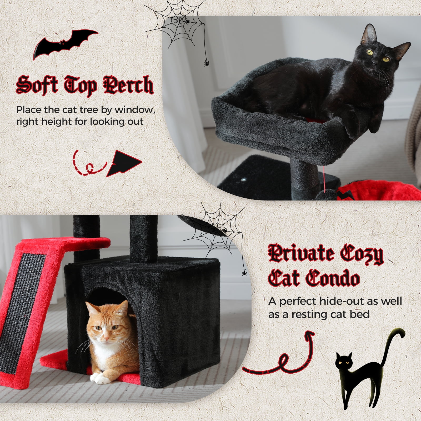 Pefilos 32" Cat Tree Tower, Cute Cat Condo with Sisal Scratching Ramp, Cozy Hammock and Removable Top Bed Perch for Indoor Kittens, Black