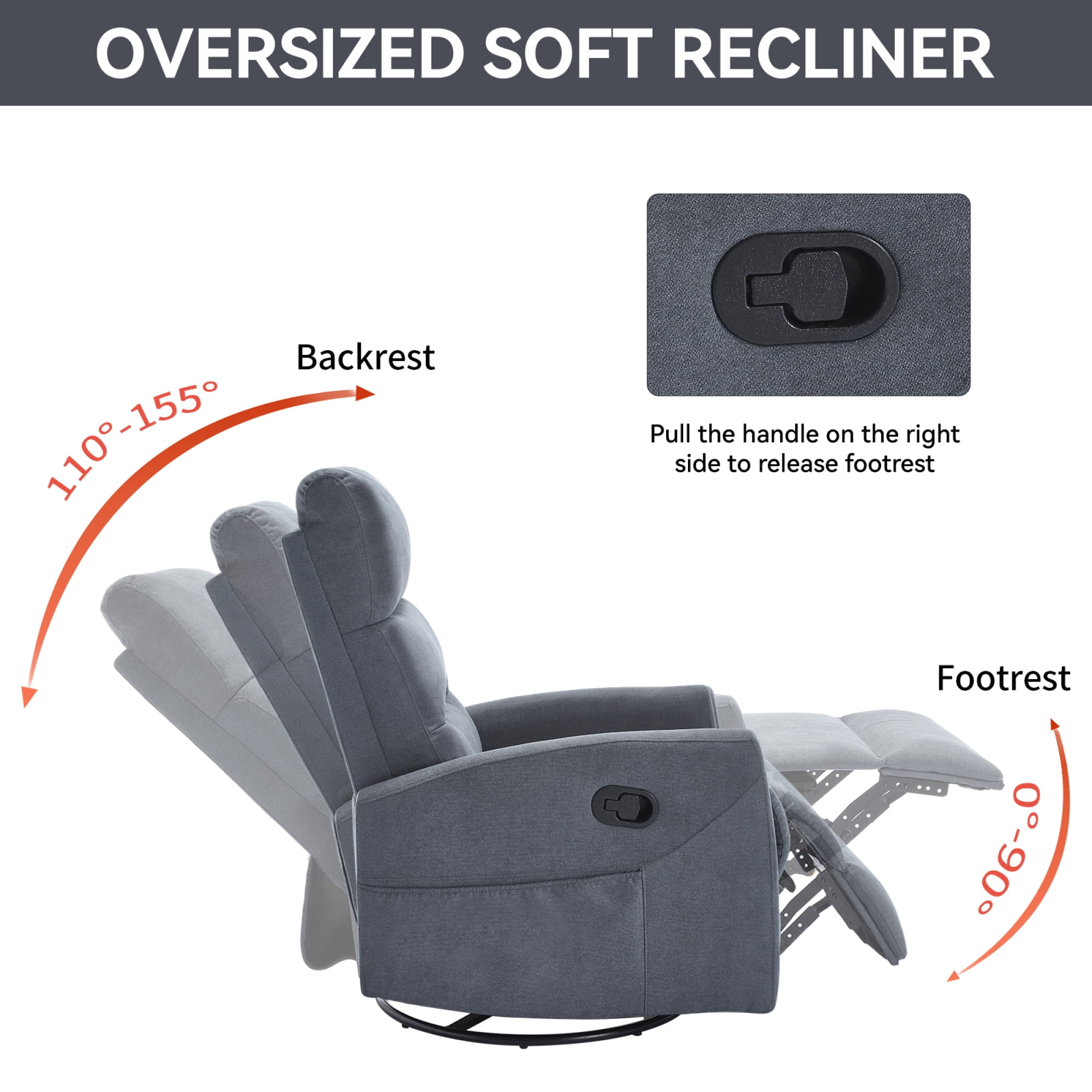 Manual Recliner Chair for Living Room,Swivel Recliner Chair with Footrest,Gray
