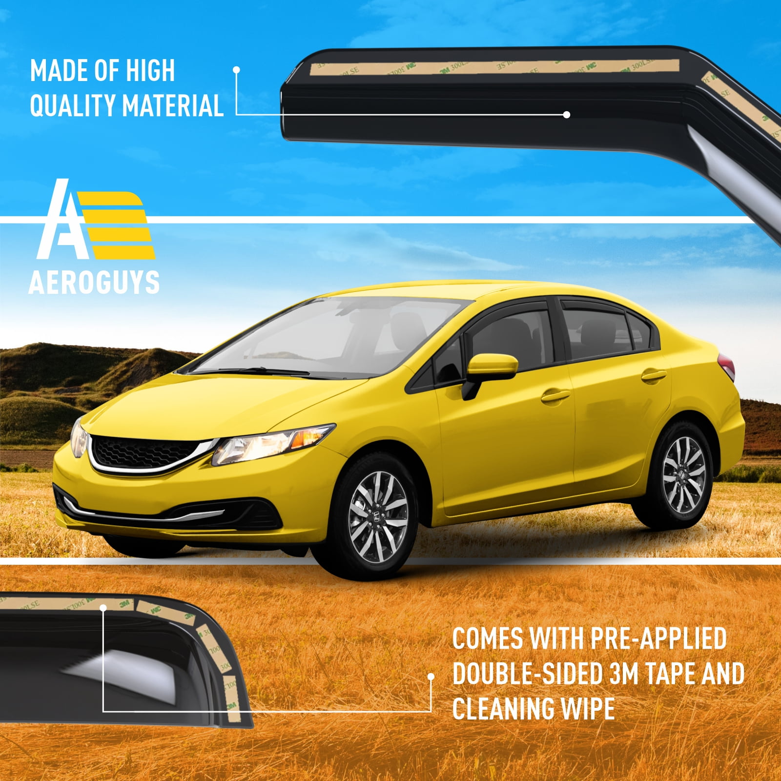 Extra Durable Window Deflectors In-Channel Window Visors Rain Guards Fit for Honda Civic 2012-2015 Sedan, Sun Visors, Wind Vent Visors, vent shades, Exterior Car Accessories - 4 pcs. AG0747