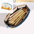thumbnail image 2 of Retro Denim Embroidered Pencil Pouch with Wide Opening, Large Capacity Casual Patchwork Pencil Case for Office Desk Artist Travel Cosmetic Storage, 8 Inch, 2 of 7