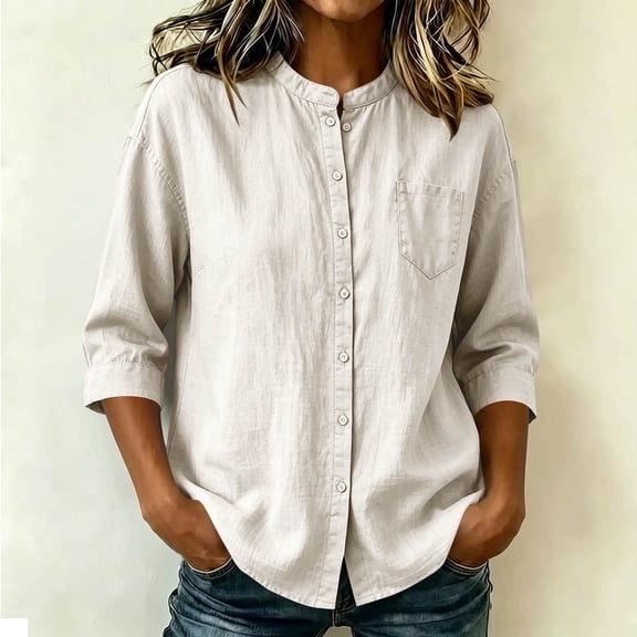 dazeni Oversized 3/4 Sleeve Linen Tee for Women Crewneck Casual Dressy Blouse Solid Button Down Shirts for Work Tavel Beige Medium