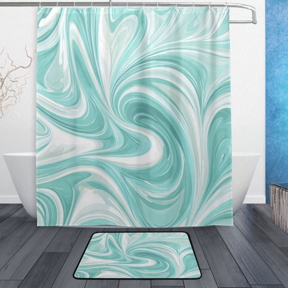 TTYFWHD 60" x 72" Shower Curtain and Bath Mat Set Light Green Flowing Swirls Waterproof Bathroom Curtain with 12 Hooks, Bathroom Decor Set