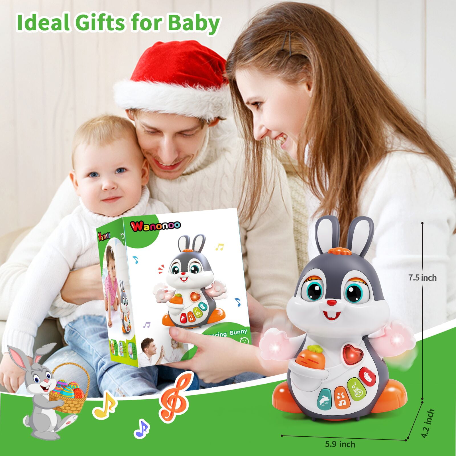 Wanonoo Easter Bunny Toys Baby Toy 6-12 12-18 Months Tummy Time Dancing Crawling Toy with Lights & Sounds, Easter Basket Stuffers, Infant Toys for 3 4 5 6 7 8 9 10 11 12 Months, Birthday Easter Gifts
