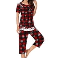 thumbnail image 4 of asdoklhq Bamboo Pajamas for Women Fashionable and Casual Loose Christmas Printed Round Neck Short Sleeved Button Top Cropped Pants Pajamas Sleepwear Set Red M, 4 of 6