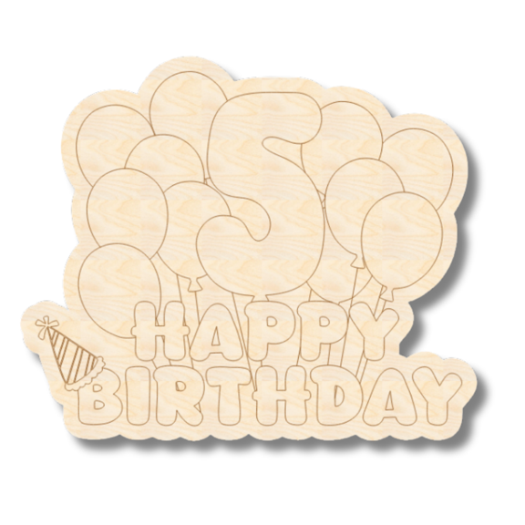 Unfinished Wood Etched 5th Birthday Balloons Shape | Paint By Line Crafts 4" / 1/4"